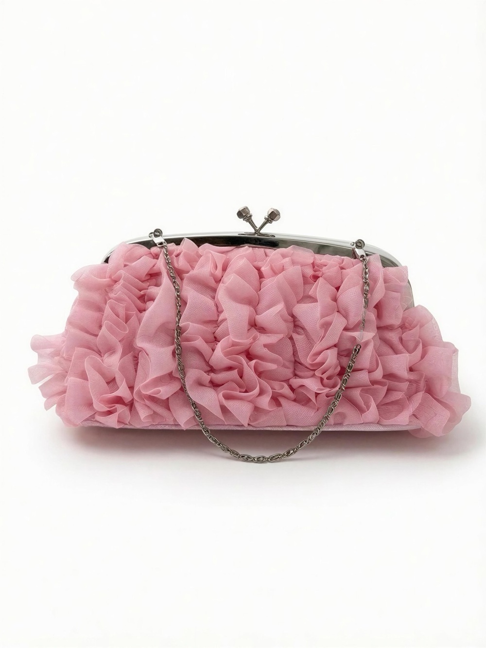 Pink Ruffle Evening Clutch/Crossbody Crystal Embellished Kiss-Lock Handbag
